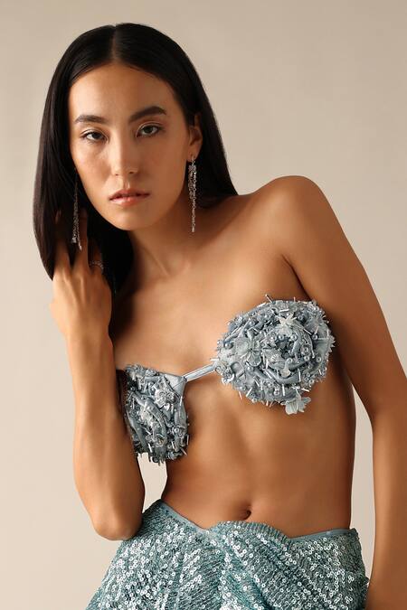 Shop_Deme X Kalki_Blue Net Sequins, Fabric Flowers Leni Embroidered Pre-pleated Saree With Blouse_Online_at_Aza_Fashions