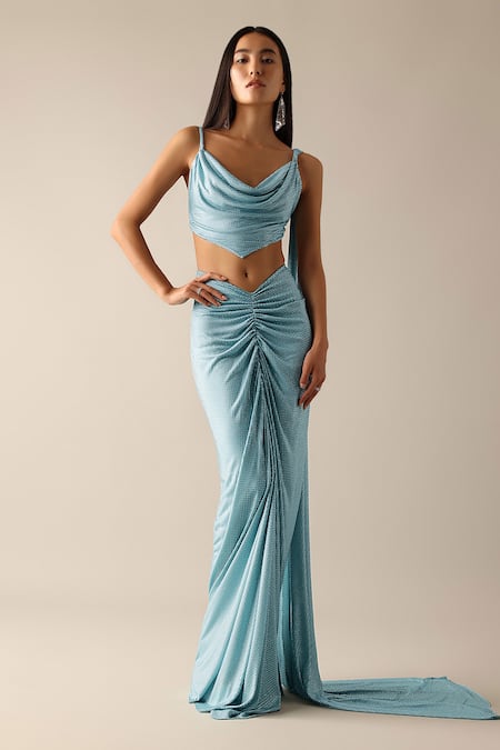 Deme X Kalki_Blue Lycra Cowl Neck Ani Solid Top And Gathered Skirt Set_Online_at_Aza_Fashions