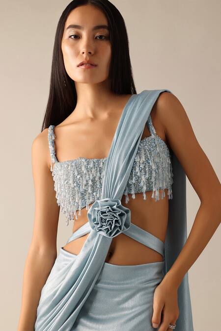 Deme X Kalki_Blue Lycra Beads Sweetheart Neck Pearl Pre-pleated Saree With Embroidered Blouse_Online_at_Aza_Fashions
