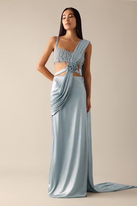 Shop_Deme X Kalki_Blue Lycra Beads Sweetheart Neck Pearl Pre-pleated Saree With Embroidered Blouse_Online_at_Aza_Fashions