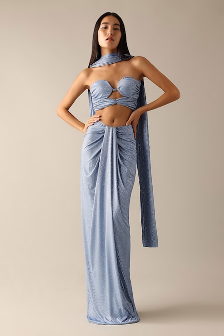Deme X Kalki Blue Lycra Theaa Rhinestones Work Blouse Skirt Set
