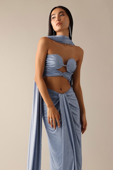 Buy_Deme X Kalki_Blue Lycra Rhinestones Sweetheart Neck Theaa Work Blouse Skirt Set_Online_at_Aza_Fashions