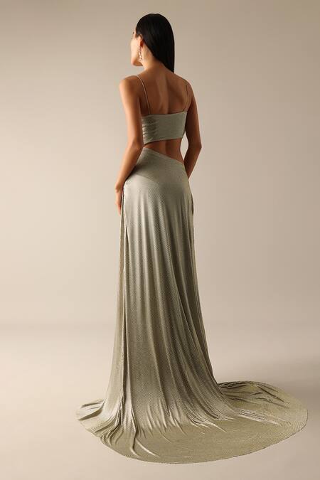 Shop Deme X Kalki Gold Lycra Rhinestones Sweetheart Neck Helene Work Gown at Aza Fashions Shop_Deme X Kalki_Gold Lycra Rhinestones Sweetheart Neck Helene Work Gown_at_Aza_Fashions