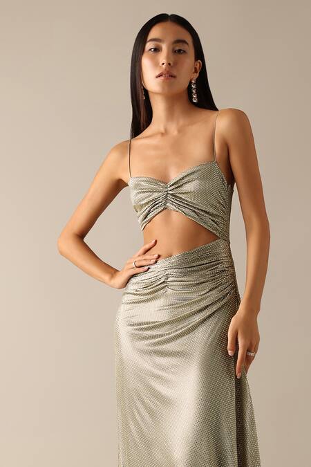 Deme X Kalki Gold Lycra Rhinestones Sweetheart Neck Helene Work Gown at Aza Fashions Deme X Kalki_Gold Lycra Rhinestones Sweetheart Neck Helene Work Gown_at_Aza_Fashions