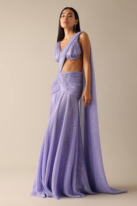 Buy_Deme X Kalki_Purple Net Sequins V-neck Mina Embroidered Pre-pleated Saree With Blouse_Online_at_Aza_Fashions