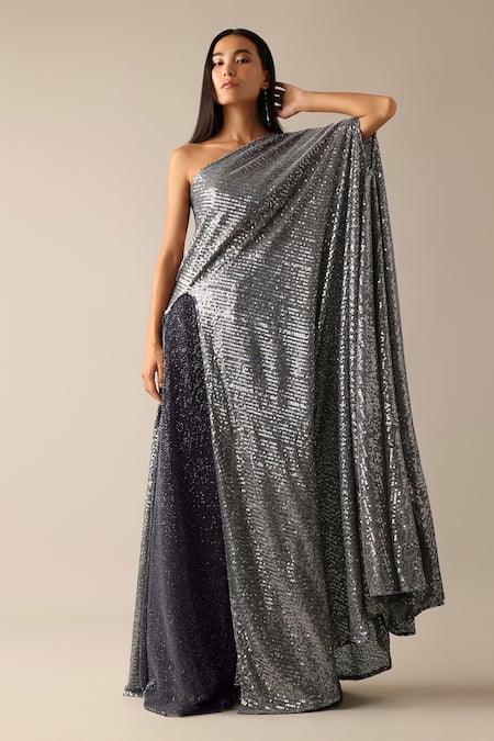 Deme X Kalki_Grey Net Sequins One Shoulder Bianka Embroidered Top And Flared Pant Set_Online_at_Aza_Fashions