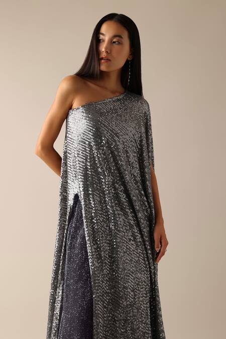 Buy_Deme X Kalki_Grey Net Sequins One Shoulder Bianka Embroidered Top And Flared Pant Set_Online_at_Aza_Fashions