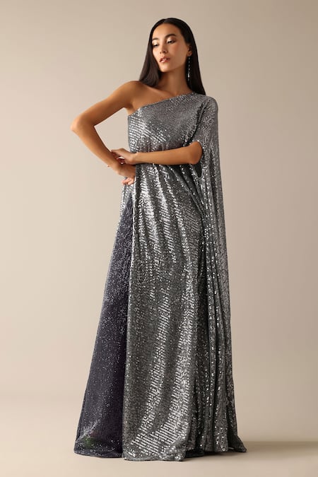 Shop_Deme X Kalki_Grey Net Sequins One Shoulder Bianka Embroidered Top And Flared Pant Set_Online_at_Aza_Fashions