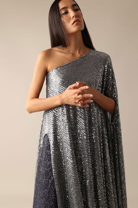 Deme X Kalki_Grey Net Sequins One Shoulder Bianka Embroidered Top And Flared Pant Set_at_Aza_Fashions