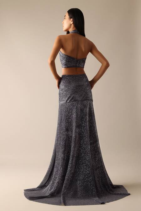 Shop Deme X Kalki Grey Net Halter Neck Karlie Shimmer Draped Gown at Aza Fashions Shop_Deme X Kalki_Grey Net Halter Neck Karlie Shimmer Draped Gown_at_Aza_Fashions