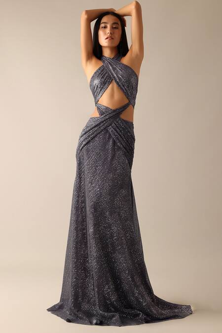 Deme X Kalki Grey Net Halter Neck Karlie Shimmer Draped Gown at Aza Fashions Deme X Kalki_Grey Net Halter Neck Karlie Shimmer Draped Gown_at_Aza_Fashions