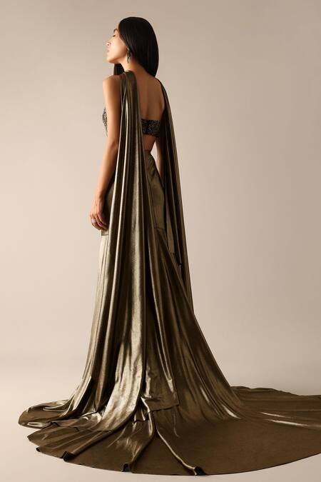 Shop Deme X Kalki Gold Lycra Beads Bandeau Neck Renae Embroidered Tube Blouse Skirt Set at Aza Fashions Shop_Deme X Kalki_Gold Lycra Beads Bandeau Neck Renae Embroidered Tube Blouse Skirt Set_at_Aza_Fashions