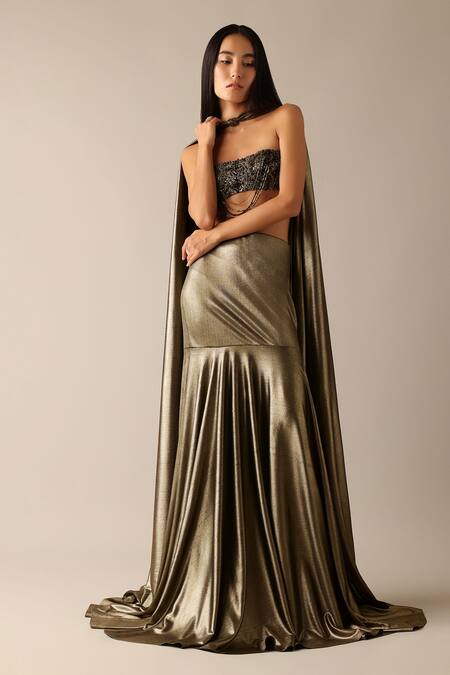 Deme X Kalki Gold Lycra Beads Bandeau Neck Renae Embroidered Tube Blouse Skirt Set at Aza Fashions Deme X Kalki_Gold Lycra Beads Bandeau Neck Renae Embroidered Tube Blouse Skirt Set_at_Aza_Fashions