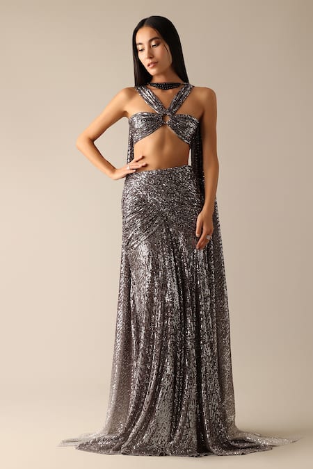 Deme X Kalki Grey Net Embroidered Sequins Halter Alida Blouse Skirt Set 