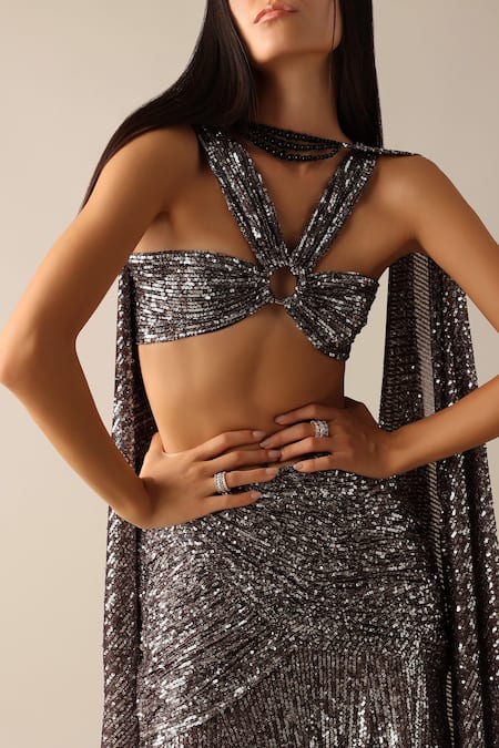 Deme X Kalki_Grey Net Sequins, Beads Halter Neck Alida Embroidered Blouse Skirt Set_Online_at_Aza_Fashions
