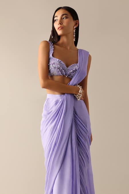 Deme X Kalki_Purple Chiffon Sequins Luzia Pre-pleated Saree With Embroidered Blouse_Online_at_Aza_Fashions