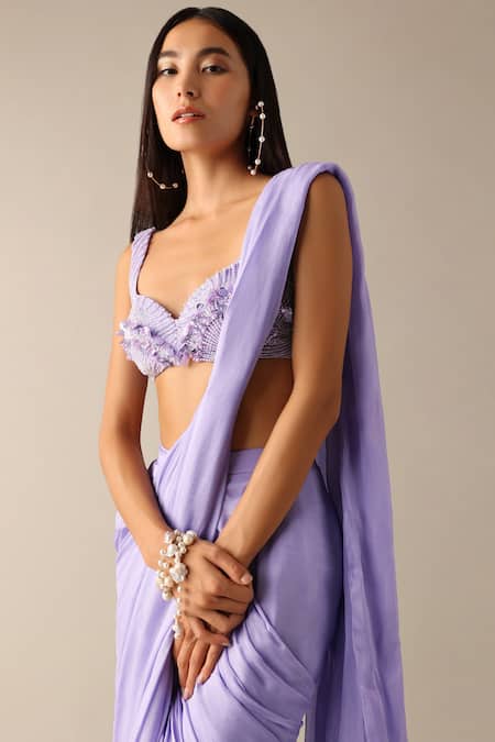Buy_Deme X Kalki_Purple Chiffon Sequins Luzia Pre-pleated Saree With Embroidered Blouse_Online_at_Aza_Fashions