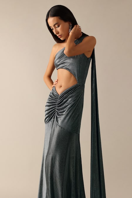 Buy_Deme X Kalki_Black Lycra Rhinestones One Shoulder Nicola Work Gown_Online_at_Aza_Fashions