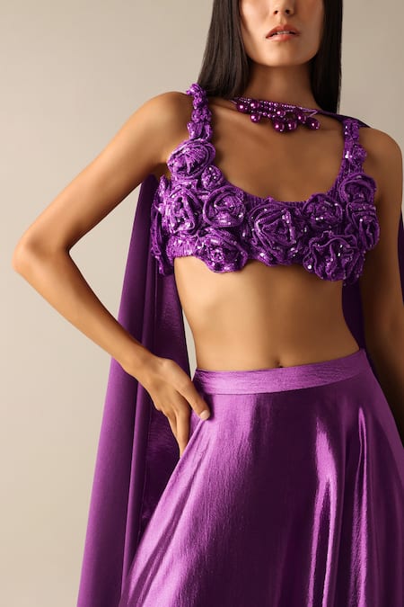 Deme X Kalki_Purple Satin Beads, Sequins Round Neck Florence Embroidered Blouse Lehenga Set_Online_at_Aza_Fashions