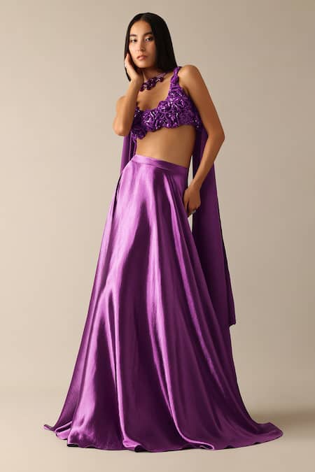 Buy_Deme X Kalki_Purple Satin Beads, Sequins Round Neck Florence Embroidered Blouse Lehenga Set_Online_at_Aza_Fashions