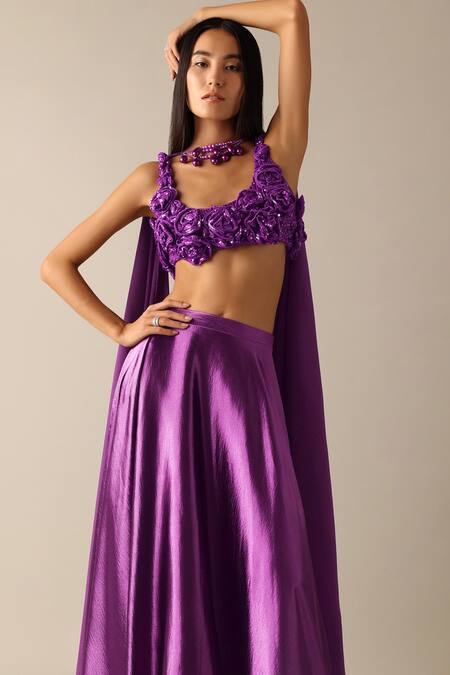 Shop_Deme X Kalki_Purple Satin Beads, Sequins Round Neck Florence Embroidered Blouse Lehenga Set_Online_at_Aza_Fashions