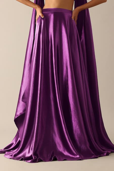 Deme X Kalki_Purple Satin Beads, Sequins Round Neck Florence Embroidered Blouse Lehenga Set_at_Aza_Fashions