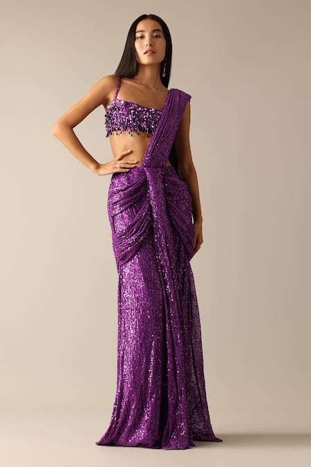 Buy_Deme X Kalki_Purple Lycra Beads, Sequins Bertha Embroidered Pre-pleated Saree With Blouse_Online_at_Aza_Fashions