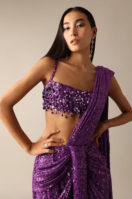 Shop_Deme X Kalki_Purple Lycra Beads, Sequins Bertha Embroidered Pre-pleated Saree With Blouse_Online_at_Aza_Fashions