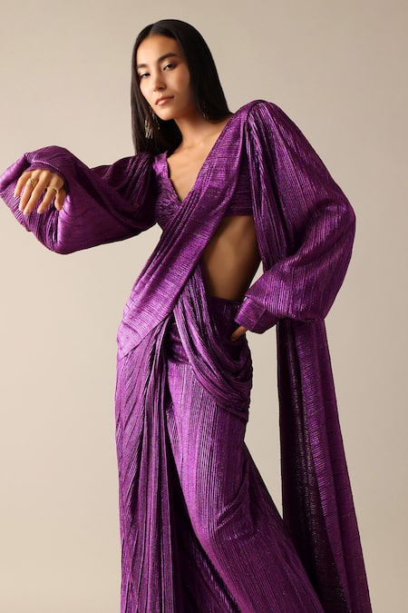 Buy_Deme X Kalki_Purple Lycra V-neck Brianna Solid Pre-pleated Saree With Blouse_Online_at_Aza_Fashions