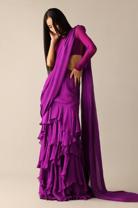 Deme X Kalki_Purple Net, Chiffon Turtle Neck Carey Ruffle Pre-draped Saree With Blouse_Online_at_Aza_Fashions