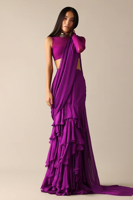 Buy_Deme X Kalki_Purple Net, Chiffon Turtle Neck Carey Ruffle Pre-draped Saree With Blouse_Online_at_Aza_Fashions