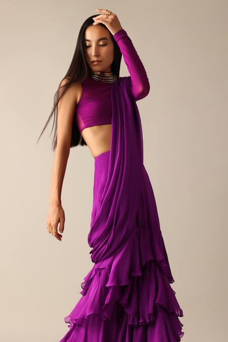Shop_Deme X Kalki_Purple Net, Chiffon Turtle Neck Carey Ruffle Pre-draped Saree With Blouse_Online_at_Aza_Fashions