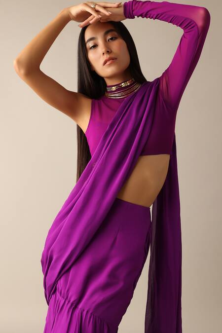 Deme X Kalki_Purple Net, Chiffon Turtle Neck Carey Ruffle Pre-draped Saree With Blouse_at_Aza_Fashions