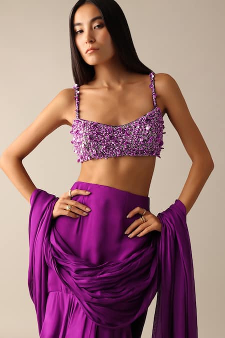 Deme X Kalki_Purple Chiffon Beads Darla Ruffle Pre-draped Saree With Embroidered Blouse_Online_at_Aza_Fashions