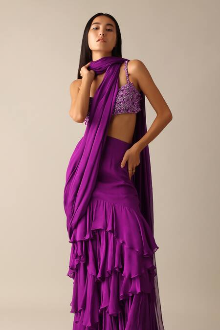 Buy_Deme X Kalki_Purple Chiffon Beads Darla Ruffle Pre-draped Saree With Embroidered Blouse_Online_at_Aza_Fashions
