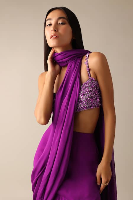 Shop_Deme X Kalki_Purple Chiffon Beads Darla Ruffle Pre-draped Saree With Embroidered Blouse_Online_at_Aza_Fashions