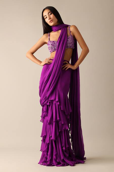 Deme X Kalki_Purple Chiffon Beads Darla Ruffle Pre-draped Saree With Embroidered Blouse_at_Aza_Fashions