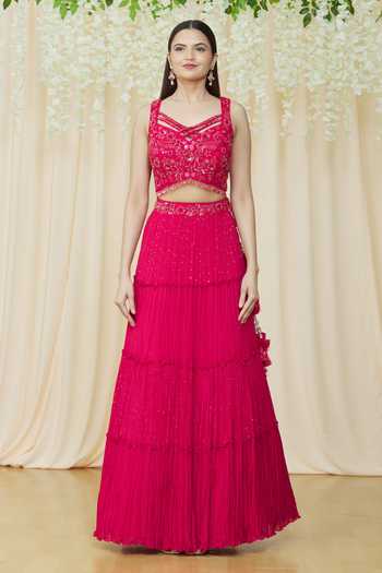 Samyukta Singhania_Red Chiffon Beads, Embroidery, Sequins, Crystals Sweetheart Choli Lehenga Set_Online_at_Aza_Fashions