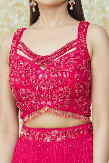 Buy_Samyukta Singhania_Red Chiffon Beads, Embroidery, Sequins, Crystals Sweetheart Choli Lehenga Set_Online_at_Aza_Fashions