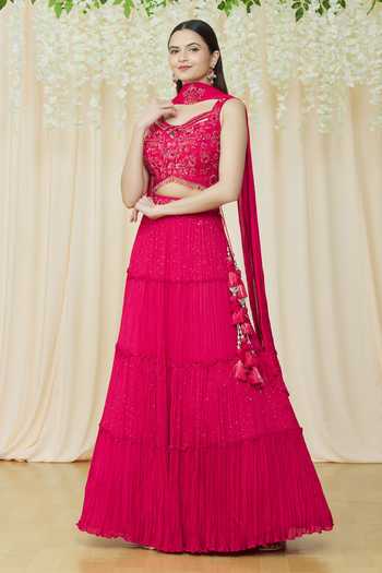 Shop_Samyukta Singhania_Red Chiffon Beads, Embroidery, Sequins, Crystals Sweetheart Choli Lehenga Set_Online_at_Aza_Fashions