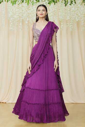 Samyukta Singhania_Purple Chiffon, Silk Crystals, Sequins, Mirrors Lehenga Saree With Choli_at_Aza_Fashions