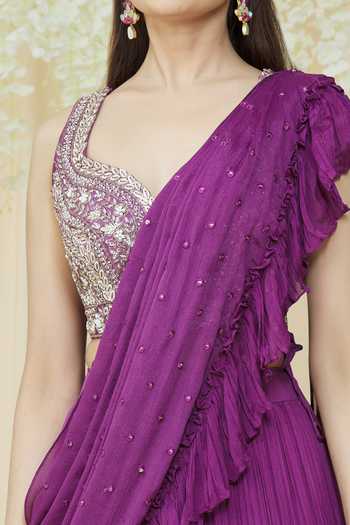 Samyukta Singhania_Purple Chiffon, Silk Crystals, Sequins, Mirrors Lehenga Saree With Choli_Online_at_Aza_Fashions