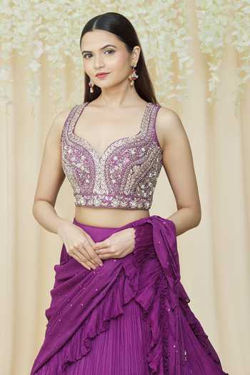 Buy_Samyukta Singhania_Purple Chiffon, Silk Crystals, Sequins, Mirrors Lehenga Saree With Choli_Online_at_Aza_Fashions