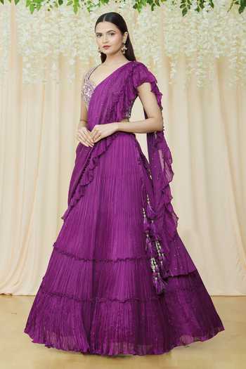 Shop_Samyukta Singhania_Purple Chiffon, Silk Crystals, Sequins, Mirrors Lehenga Saree With Choli_Online_at_Aza_Fashions