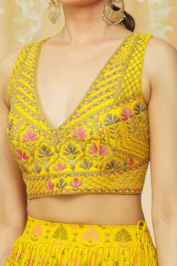 Buy_Samyukta Singhania_Yellow Silk, Georgette Sequins, Embroidery, Choli With Printed Lehenga Set_Online_at_Aza_Fashions