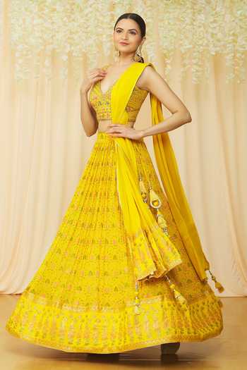 Shop_Samyukta Singhania_Yellow Silk, Georgette Sequins, Embroidery, Choli With Printed Lehenga Set_Online_at_Aza_Fashions