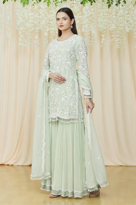 Samyukta Singhania_Green Georgette, Viscose Pearls, Sequins, Embroidery Embellished Sharara Set _at_Aza_Fashions