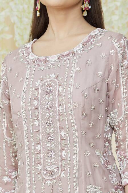 Buy_Samyukta Singhania_Pink Viscose, Georgette Pearls, Sequins, Embroidery Round Pleated Sharara Set _Online_at_Aza_Fashions