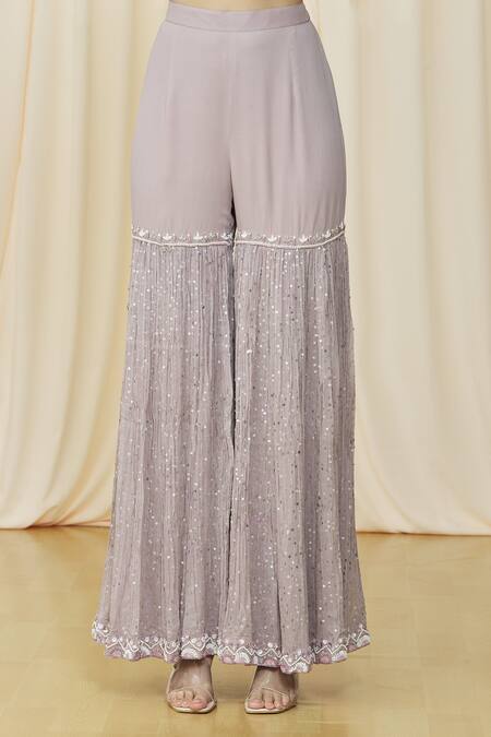 Shop_Samyukta Singhania_Pink Viscose, Georgette Pearls, Sequins, Embroidery Round Pleated Sharara Set _Online_at_Aza_Fashions