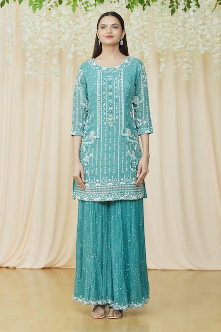 Samyukta Singhania_Green Georgette, Viscose Pearls, Sequins, Crystals Geometric Kurta Sharara Set _Online_at_Aza_Fashions